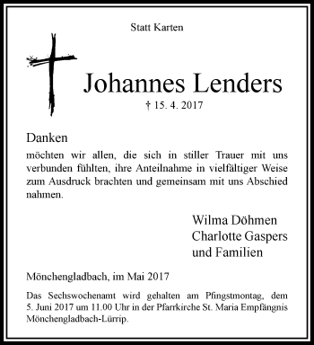 Traueranzeige von Johannes Lenders von trauer.extra-tipp-moenchengladbach.de