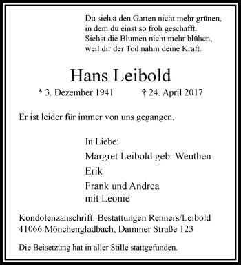 Traueranzeige von Hans Leibold von trauer.extra-tipp-moenchengladbach.de