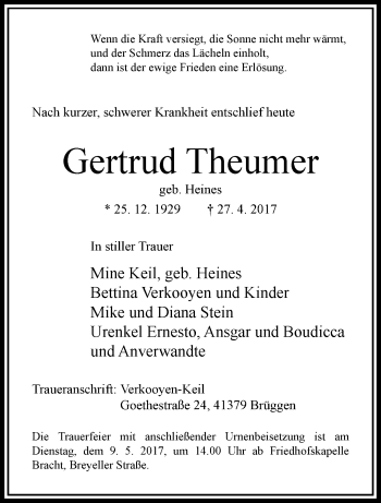 Traueranzeige von Gertrud Theumer von trauer.extra-tipp-moenchengladbach.de