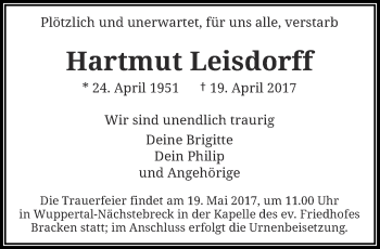 Traueranzeige von Hartmut Leisdorff von trauer.wuppertaler-rundschau.de