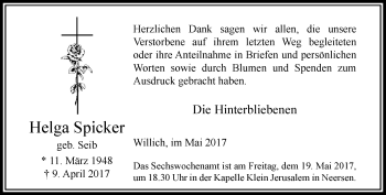 Traueranzeige von Helga Spicker von trauer.extra-tipp-moenchengladbach.de