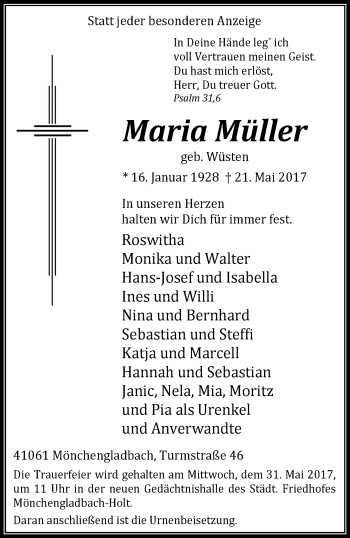 Traueranzeige von Maria Müller von trauer.extra-tipp-moenchengladbach.de