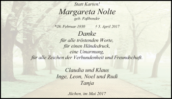 Traueranzeige von Margareta Nolte von trauer.stadt-kurier.de