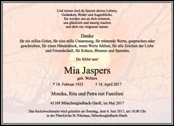 Traueranzeige von Mia Jaspers von trauer.extra-tipp-moenchengladbach.de