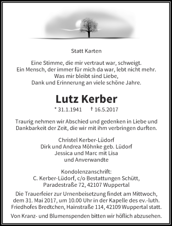 Traueranzeige von Lutz Kerber von trauer.wuppertaler-rundschau.de