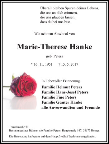 Traueranzeige von Marie-Therese Hanke von trauer.extra-tipp-moenchengladbach.de