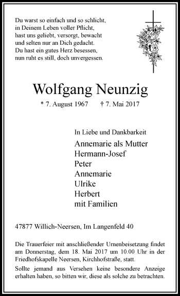 Traueranzeige von Wolfgang Neunzig von trauer.extra-tipp-moenchengladbach.de