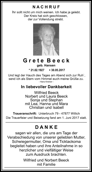 Traueranzeige von Grete Beeck von trauer.extra-tipp-moenchengladbach.de