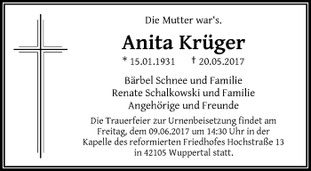 Traueranzeige von Anita Krüger von trauer.wuppertaler-rundschau.de