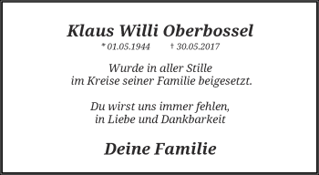 Traueranzeige von Klaus Willi Oberbossel von trauer.wuppertaler-rundschau.de