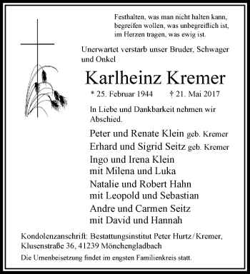 Traueranzeige von Karlheinz Kremer von trauer.extra-tipp-moenchengladbach.de