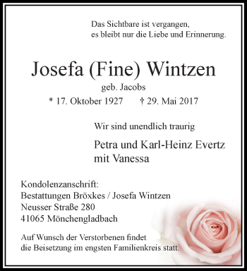 Traueranzeige von Josefa Fine Wintzen von trauer.extra-tipp-moenchengladbach.de