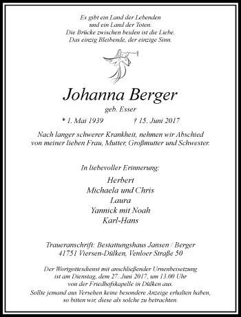 Traueranzeige von Johanna Berger von trauer.extra-tipp-moenchengladbach.de