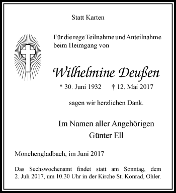 Traueranzeige von Wilhelmine Deußen von trauer.extra-tipp-moenchengladbach.de