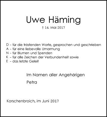 Traueranzeige von Uwe Häming von trauer.extra-tipp-moenchengladbach.de