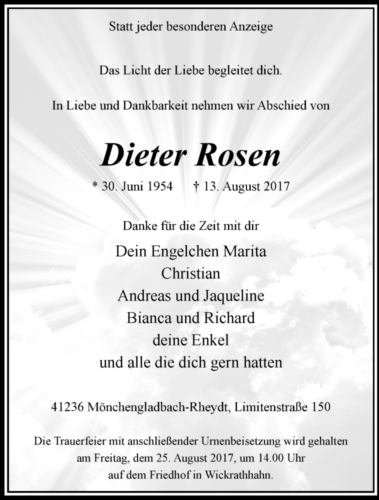  Traueranzeige für Dieter Rosen vom 20.08.2017 aus trauer.extra-tipp-moenchengladbach.de