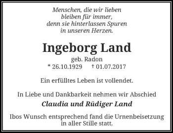 Traueranzeige von Ingeborg Land von trauer.wuppertaler-rundschau.de