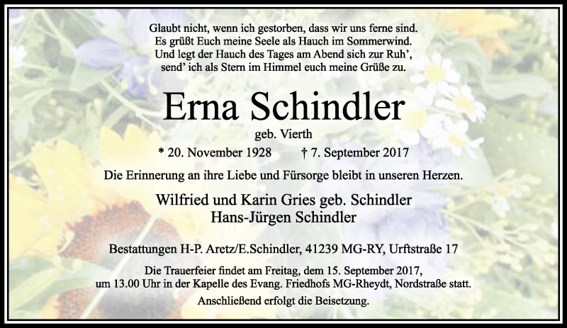  Traueranzeige für Erna Schindler vom 10.09.2017 aus trauer.extra-tipp-moenchengladbach.de