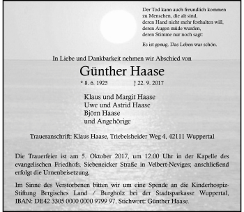 Traueranzeige von Günther Haase von trauer.wuppertaler-rundschau.de