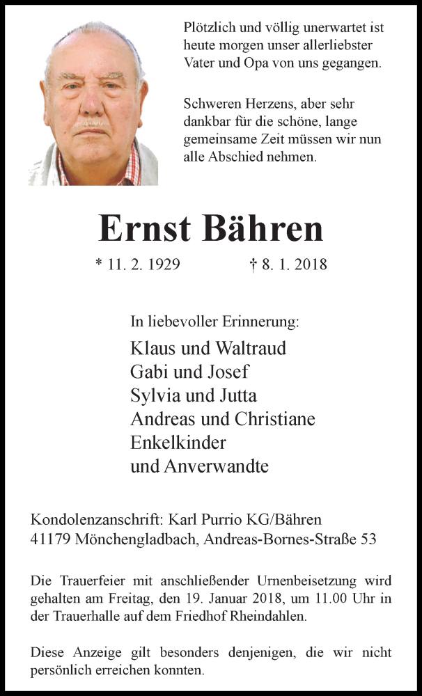  Traueranzeige für Ernst Bähren vom 14.01.2018 aus trauer.extra-tipp-moenchengladbach.de