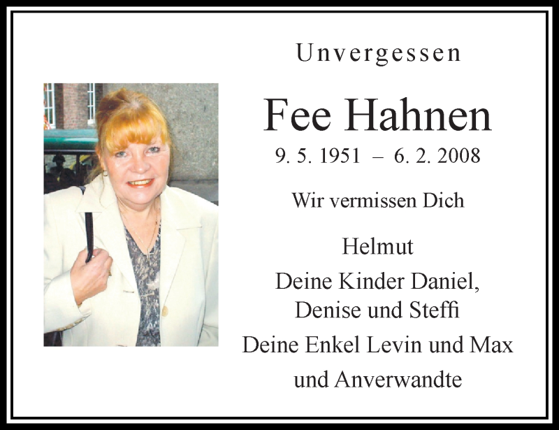  Traueranzeige für Fee Hahnen vom 04.02.2018 aus trauer.extra-tipp-moenchengladbach.de