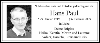 Traueranzeige von Hans Paul von trauer.extra-tipp-moenchengladbach.de