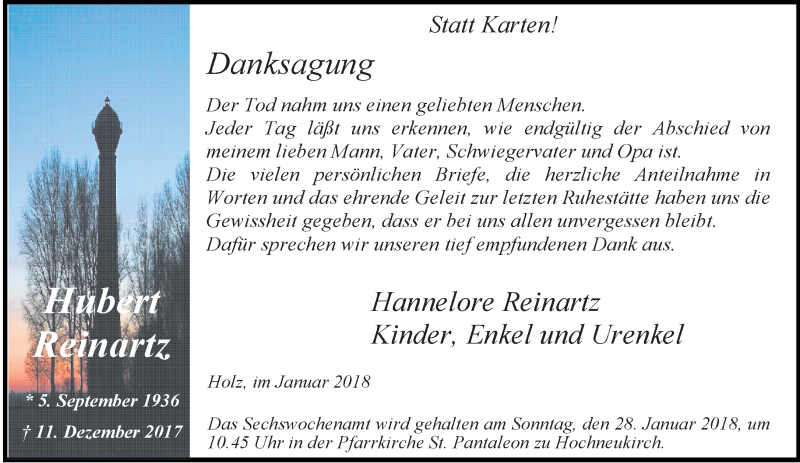  Traueranzeige für Hubert Reinartz vom 17.01.2018 aus trauer.stadt-kurier.de
