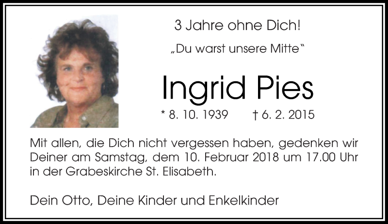  Traueranzeige für Ingrid Pies vom 04.02.2018 aus trauer.extra-tipp-moenchengladbach.de