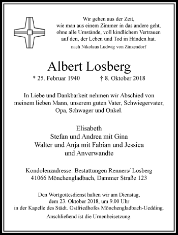 Traueranzeige von Albert Losberg von trauer.extra-tipp-moenchengladbach.de