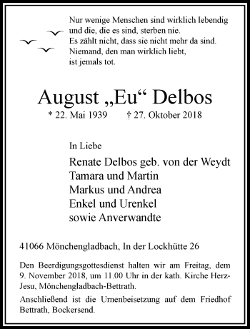 Traueranzeige von August Delbos von trauer.extra-tipp-moenchengladbach.de