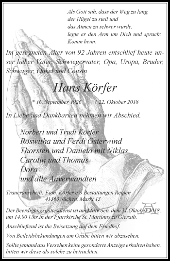 Traueranzeige von Hans Körfer von trauer.stadt-kurier.de