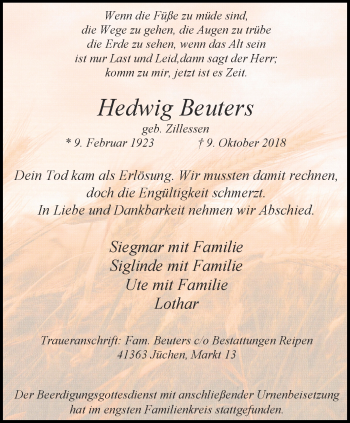 Traueranzeige von Hedwig Beuters von trauer.stadt-kurier.de