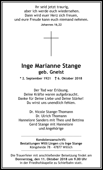 Traueranzeige von Inge Marianne Stange von trauer.extra-tipp-moenchengladbach.de