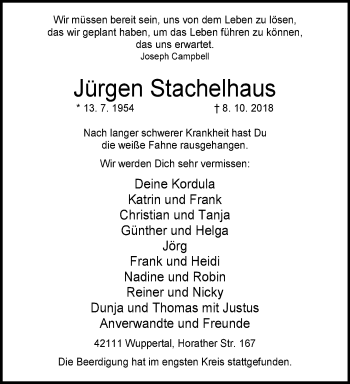 Traueranzeige von Jürgen Stachelhaus von trauer.wuppertaler-rundschau.de