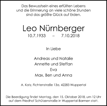 Traueranzeige von Leo Nürnberger von trauer.wuppertaler-rundschau.de