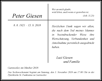 Traueranzeige von Peter Giesen von trauer.stadt-kurier.de