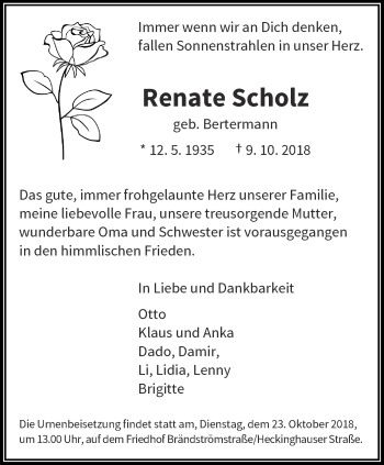 Traueranzeige von Renate Scholz von trauer.wuppertaler-rundschau.de