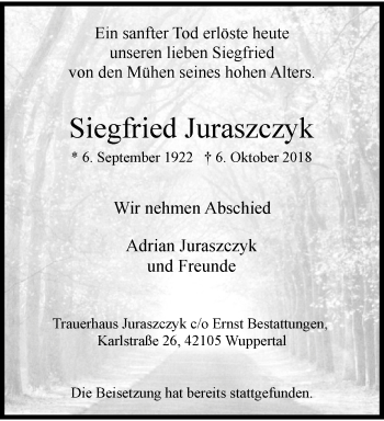 Traueranzeige von Siegfried Juraszczyk von trauer.wuppertaler-rundschau.de