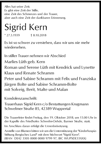 Traueranzeige von Sigrid Kern von trauer.wuppertaler-rundschau.de