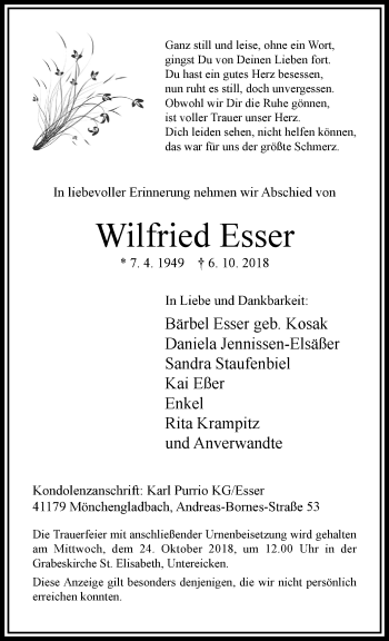 Traueranzeige von Wilfried Esser von trauer.extra-tipp-moenchengladbach.de