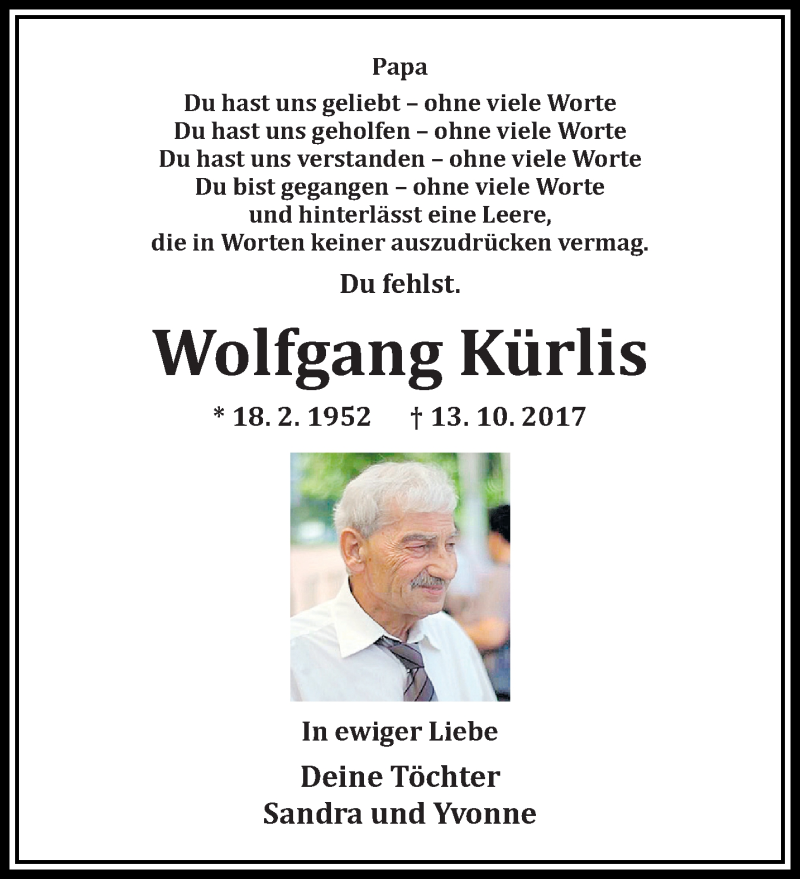  Traueranzeige für Wolfgang Kürlis vom 14.10.2018 aus trauer.extra-tipp-moenchengladbach.de