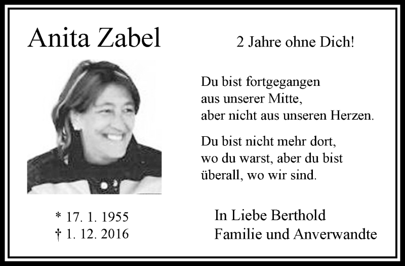  Traueranzeige für Anita Zabel vom 02.12.2018 aus trauer.extra-tipp-moenchengladbach.de