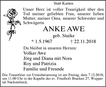 Traueranzeige von Anke Awe von trauer.wuppertaler-rundschau.de