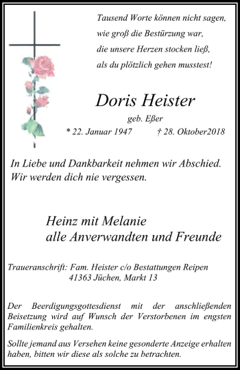 Traueranzeige von Doris Heister von trauer.stadt-kurier.de