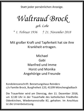 Traueranzeige von Waltraud Brock von trauer.extra-tipp-moenchengladbach.de