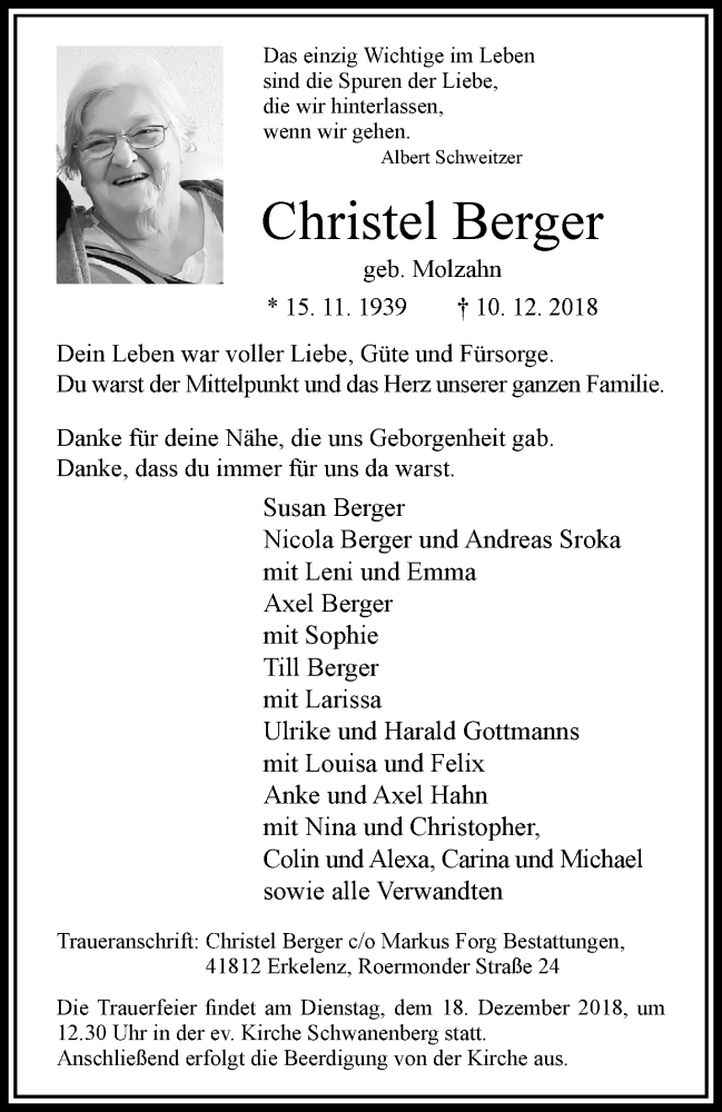  Traueranzeige für Christel Berger vom 16.12.2018 aus trauer.extra-tipp-moenchengladbach.de