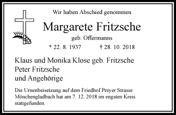 Traueranzeige von Margarete Fritzsche von trauer.extra-tipp-moenchengladbach.de
