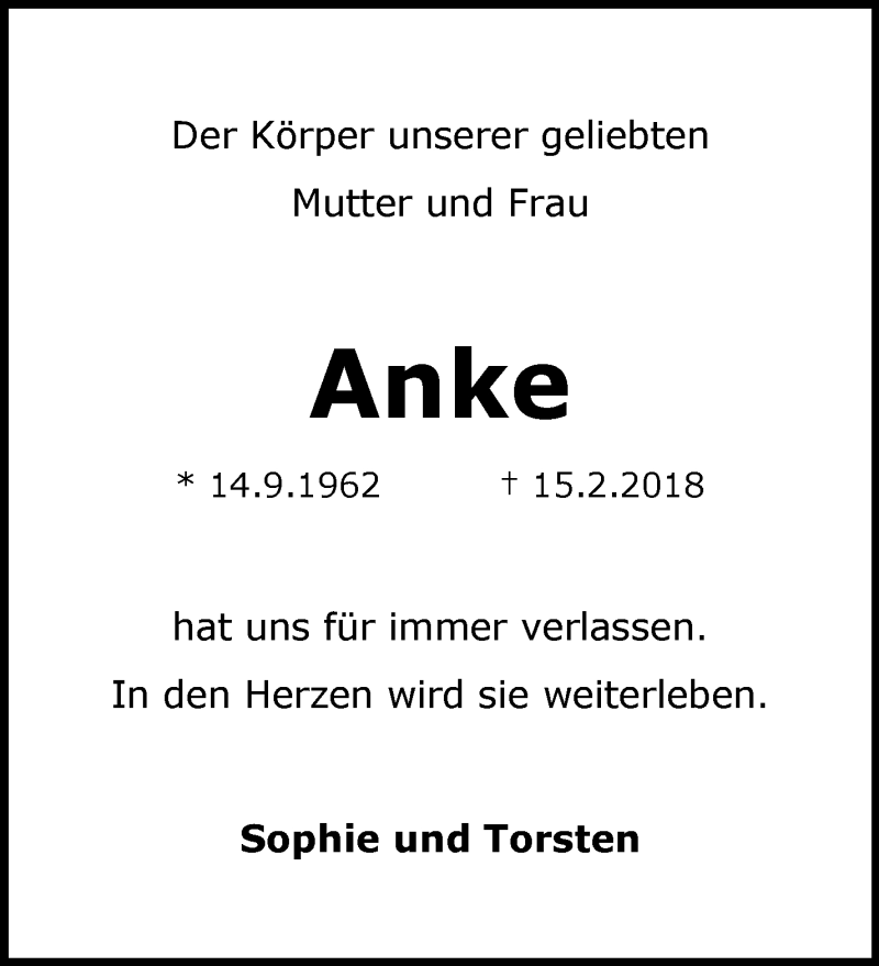  Traueranzeige für Anke Damrath vom 24.02.2018 aus trauer.wuppertaler-rundschau.de