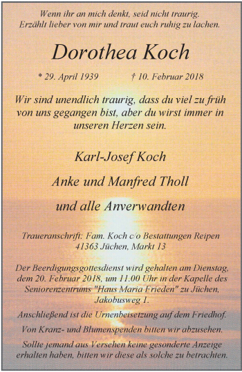Traueranzeige von Dorothea Koch von trauer.stadt-kurier.de