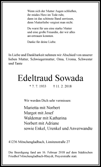 Traueranzeige von Edeltraud Sowada von trauer.extra-tipp-moenchengladbach.de